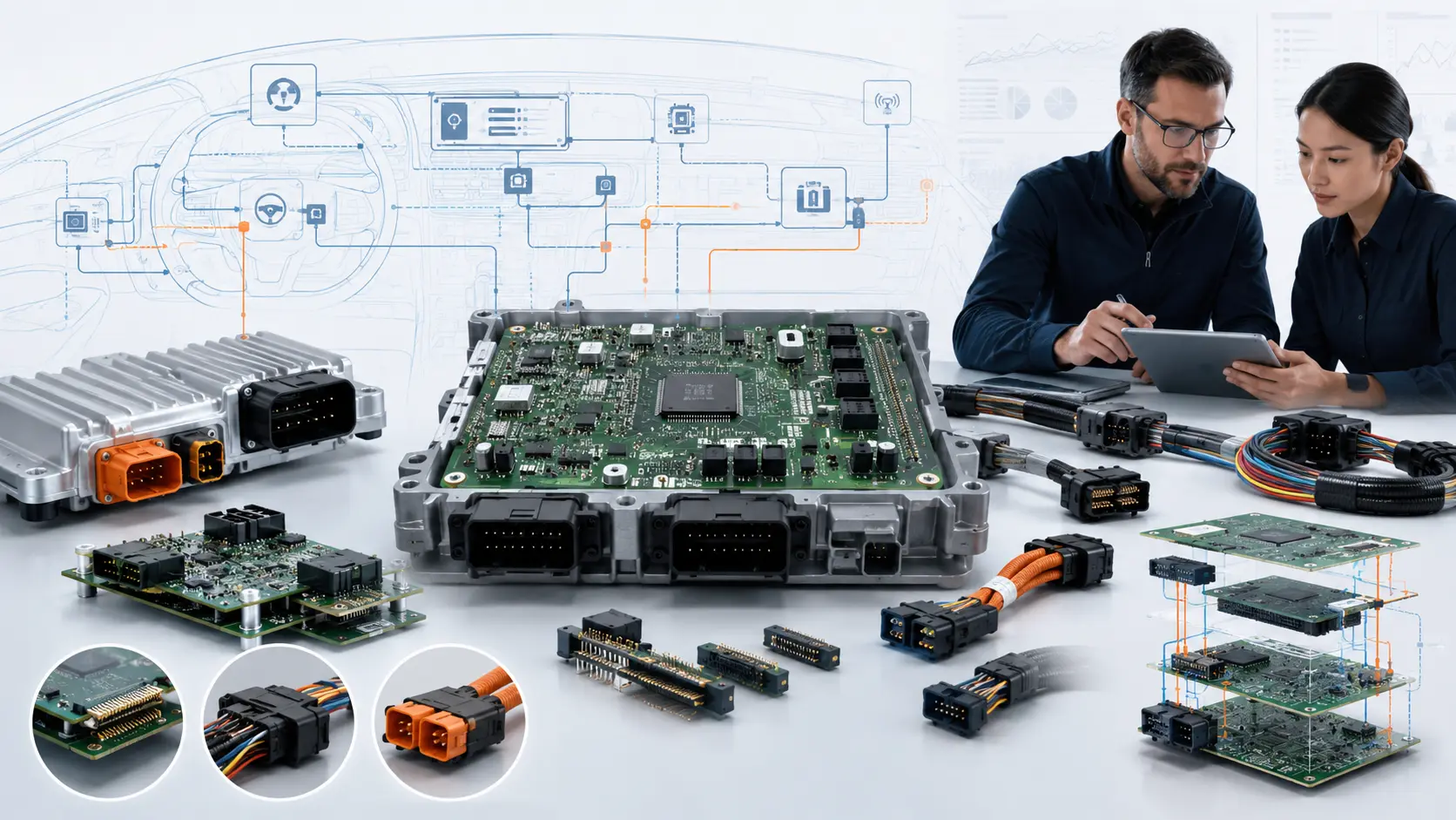 Automotive electronics connector solutions for PCB modules and cable interfaces