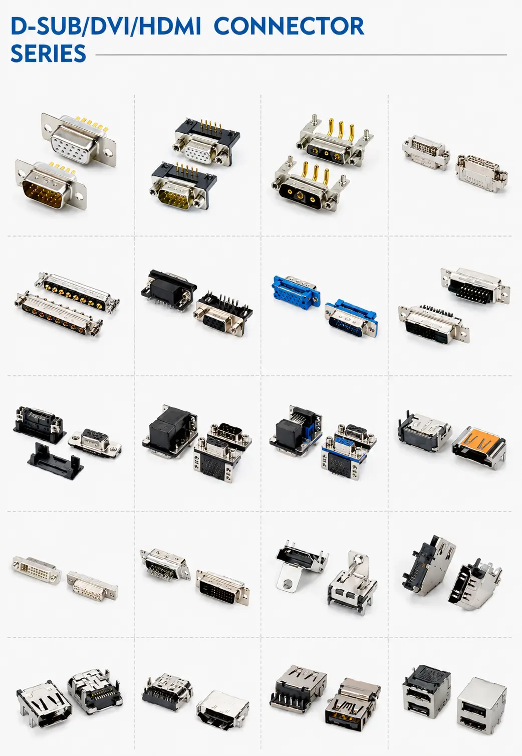 D-SUB, DVI, and HDMI style I/O connector product group