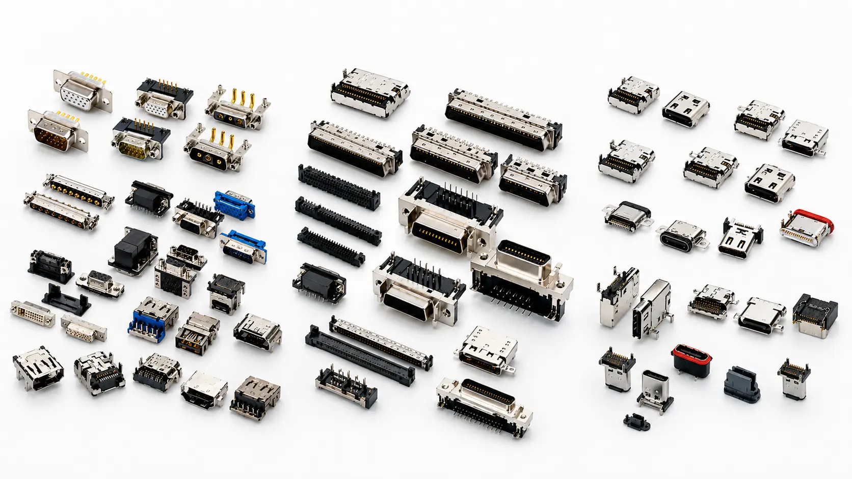 I/O connectors, USB connectors, Type-C connectors, and D-Sub connectors
