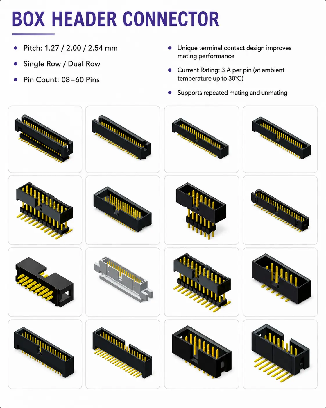 Box header connector examples for IDC or ribbon cable connection