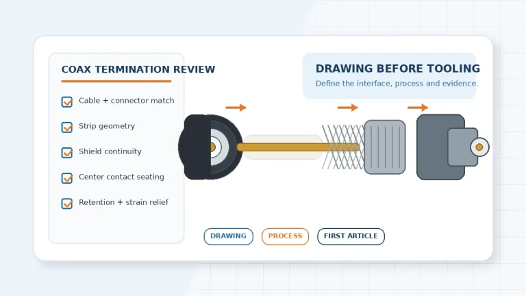 Engineering review of a coaxial cable termination with cable layers, ferrule, connector body, and inspection checklist