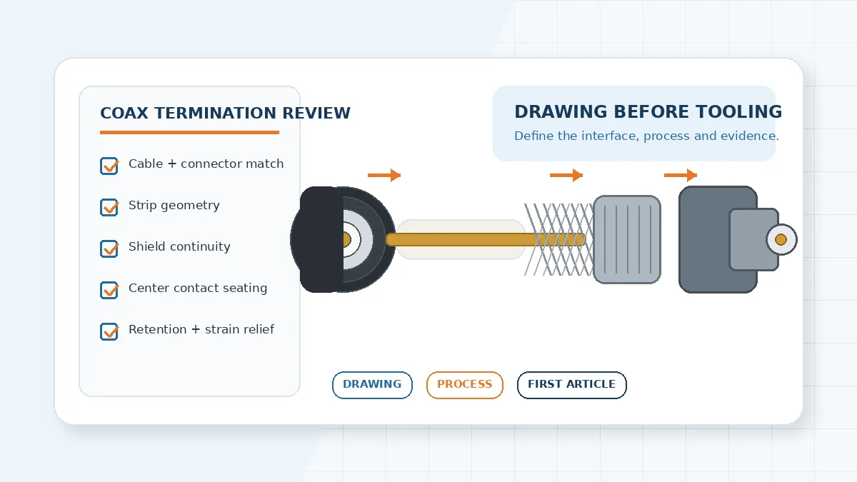 Engineering review of a coaxial cable termination with cable layers, ferrule, connector body, and inspection checklist