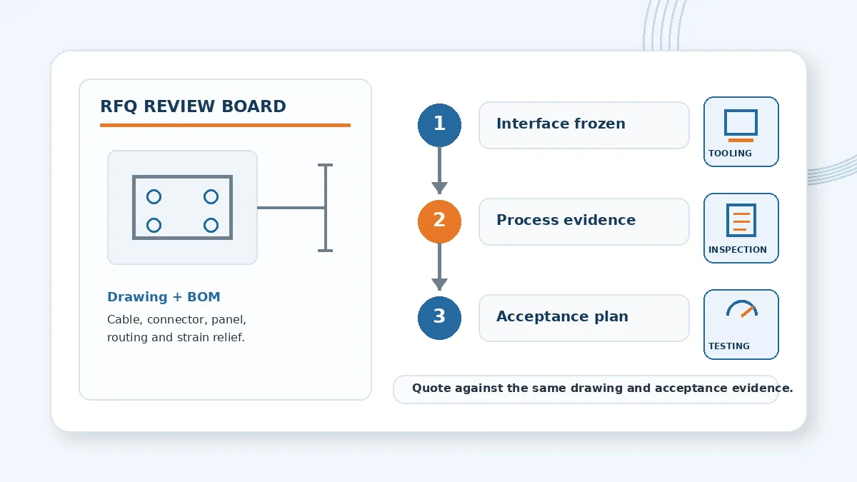 RFQ engineering review board showing drawing and BOM, production process evidence, and acceptance planning