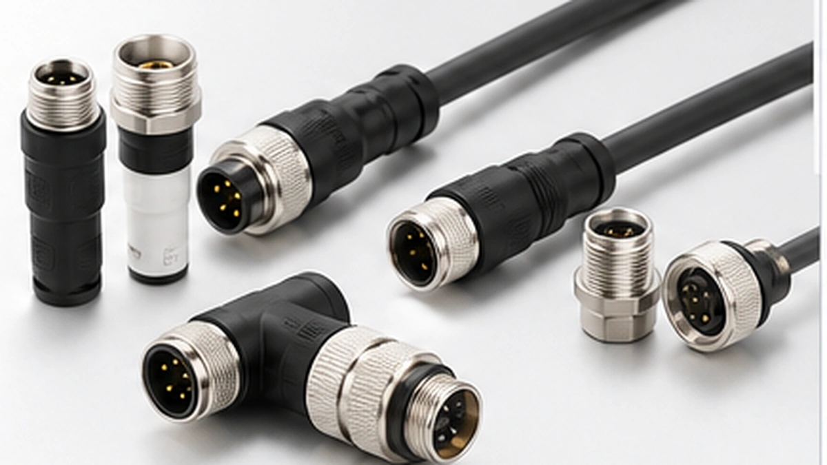 M12 circular connector variants with straight, right-angle, cable, and panel-mount constructions