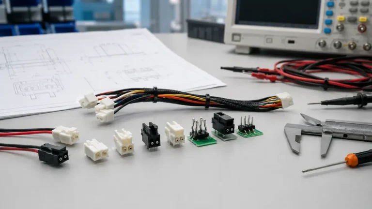 Two pin connector samples, PCB headers, wire harnesses, calipers, and drawings on an engineering bench
