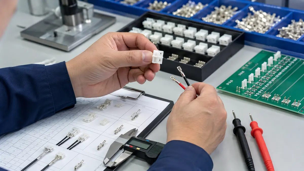 Hands checking a two pin connector sample with terminals, PCB headers, calipers, and test probes