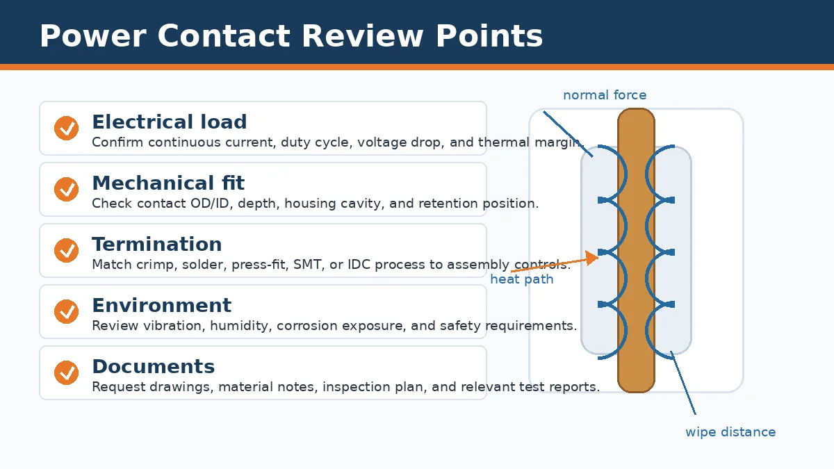 Power contact engineering checklist for electrical load mechanical fit termination environment and documents