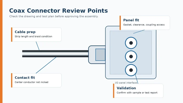 Coax connector review points for cable prep, contact fit, panel fit, and validation