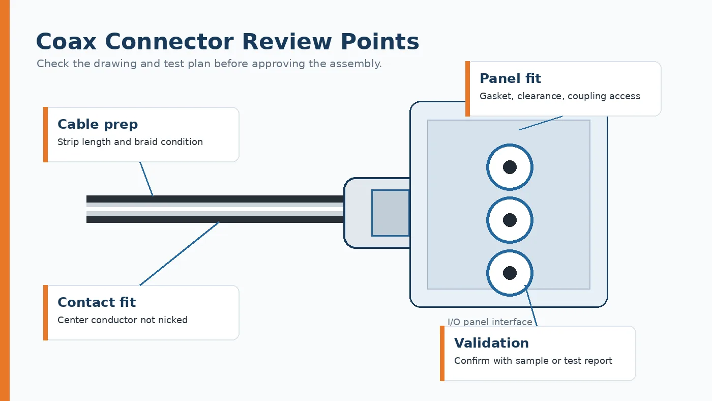 Coax connector review points for cable prep, contact fit, panel fit, and validation