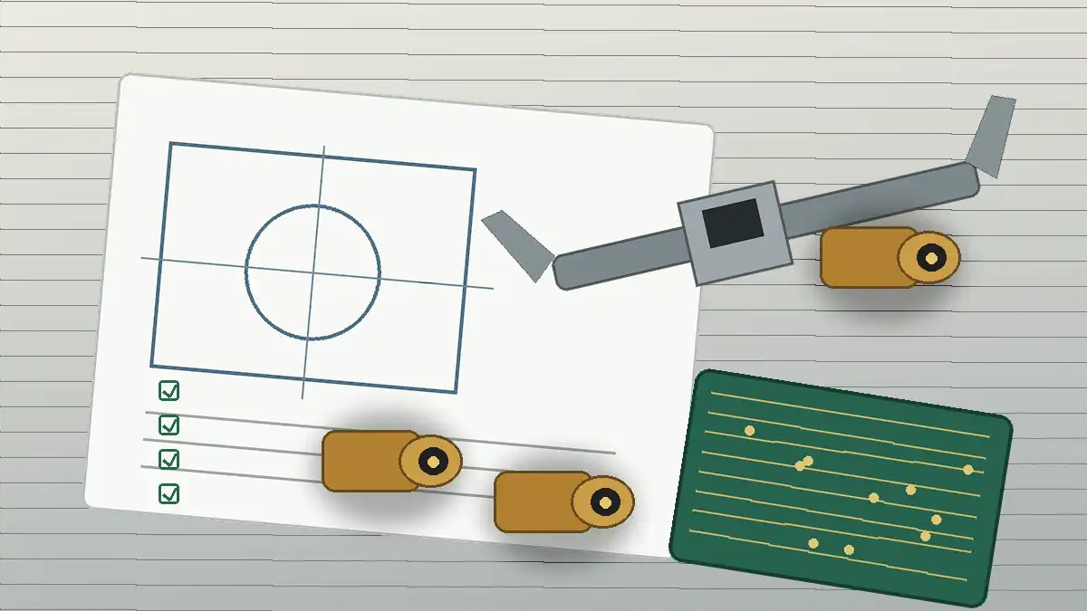 Engineering drawing, caliper, PCB, and SMA connector samples prepared for RFQ review