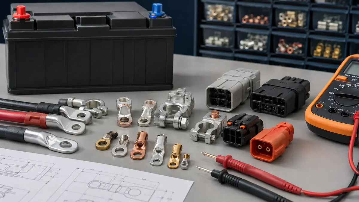 Battery terminal connector types and power connector samples arranged on an engineering review bench