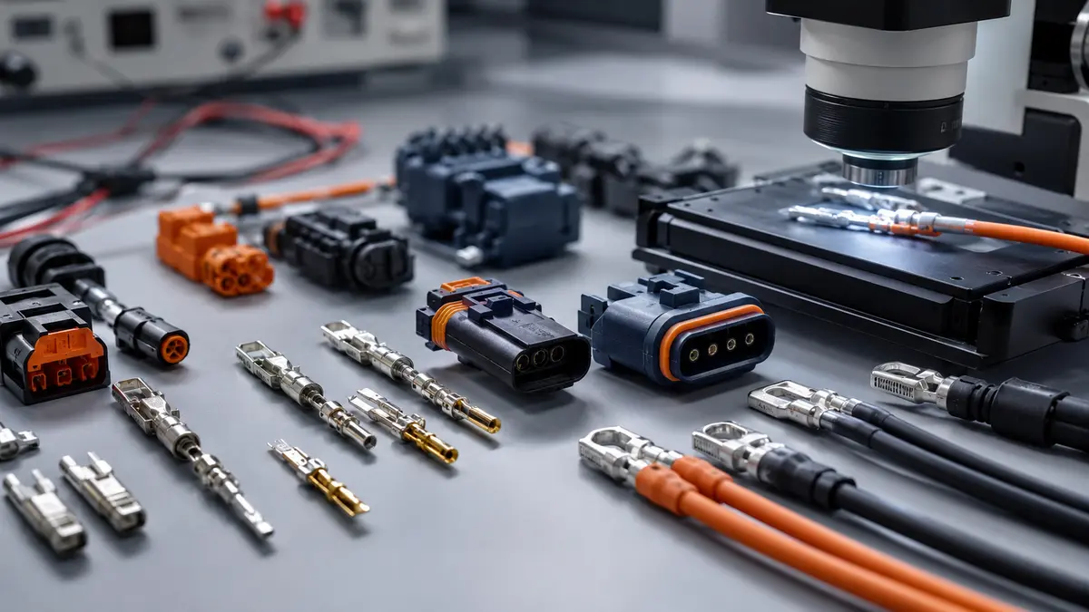 Power connector housings terminals and crimped cable assemblies inspected on a quality review bench