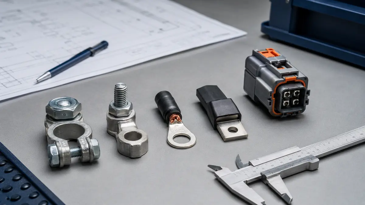 Generic battery terminal architectures including clamp terminal, threaded stud, ring lug, blade tab, and sealed power connector