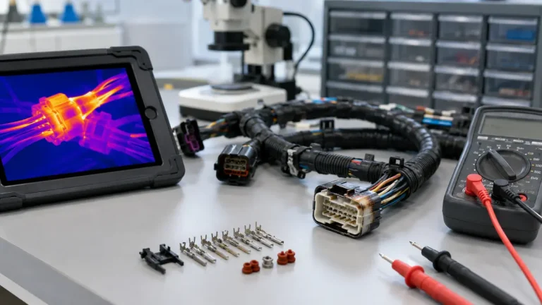 Burnt wiring harness inspection with connector sample, test probes, and thermal imaging equipment