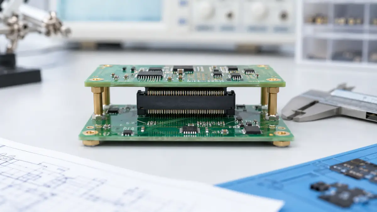 Board-to-board connector pair between stacked circuit boards during engineering review