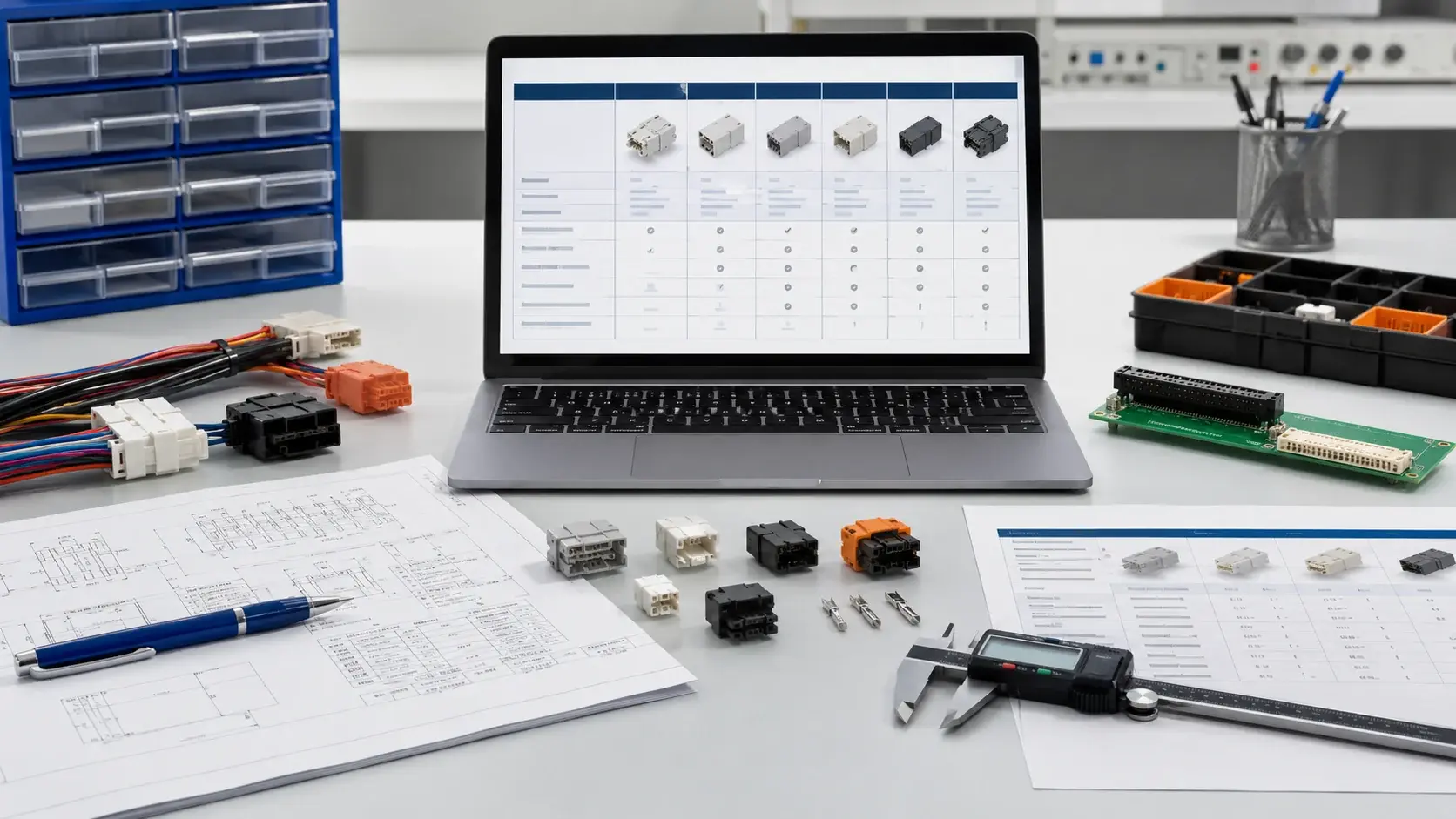 Connector samples, drawings, comparison table, and calipers used for cross-reference review