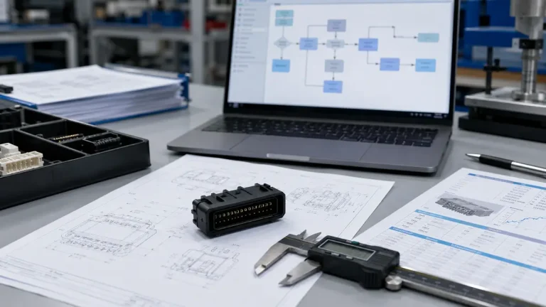 Custom connector drawing, sample connector, calipers, and automation workflow review on an engineering desk