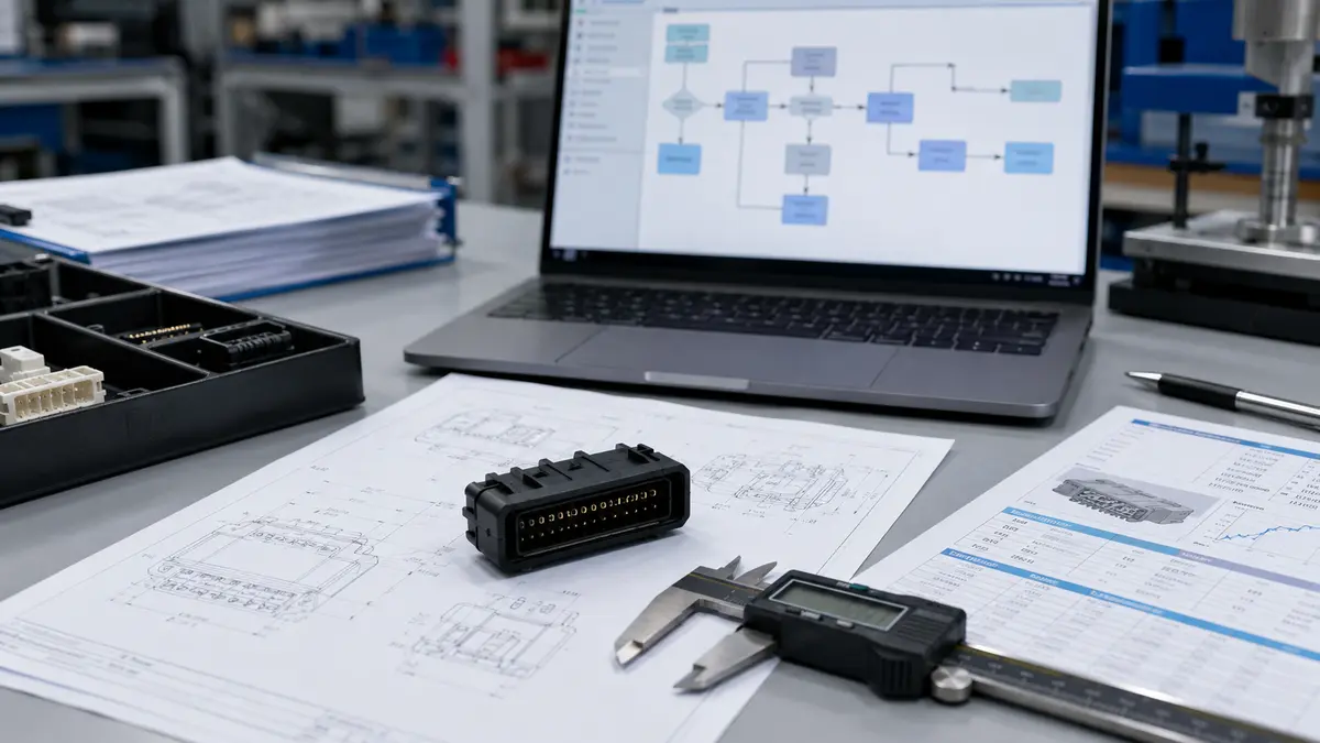 Custom connector drawing, sample connector, and calipers prepared for engineering review