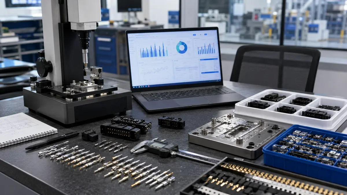 Connector samples, contacts, tooling insert, and inspection fixture used during manufacturing review