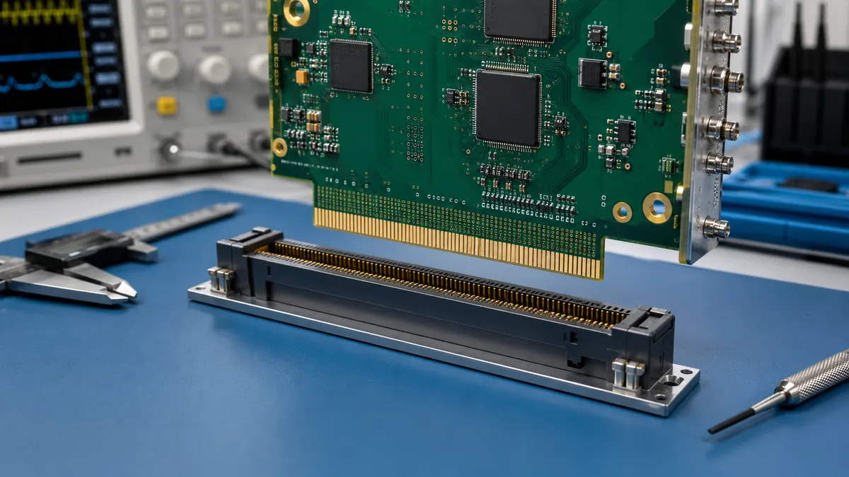 3u edge connectors aligned with a PCB gold finger edge and card edge slot