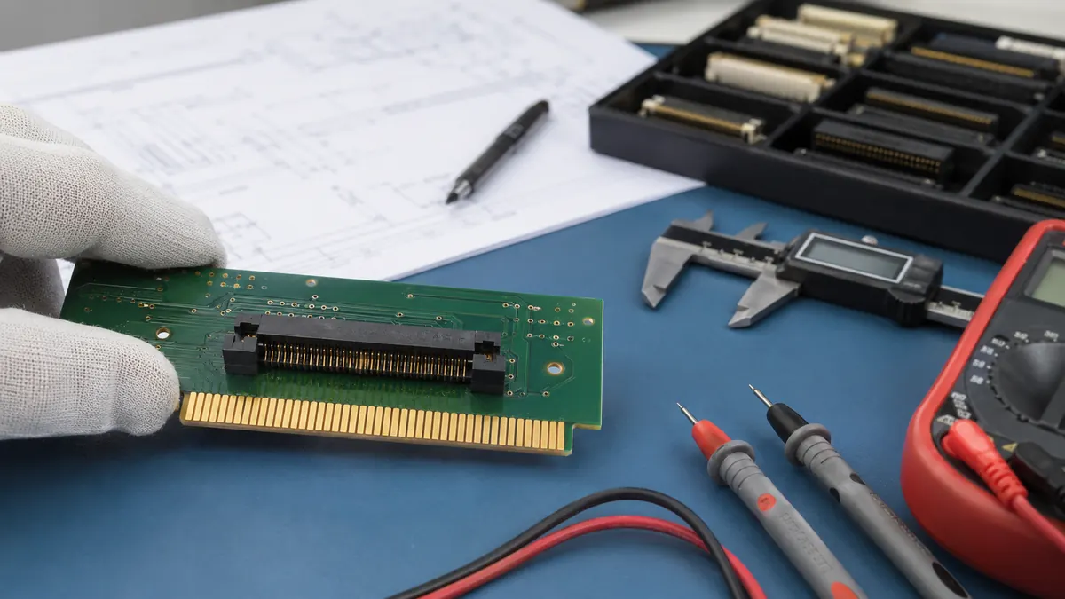 Engineering review of 3u edge connectors with PCB sample drawing calipers and test probes