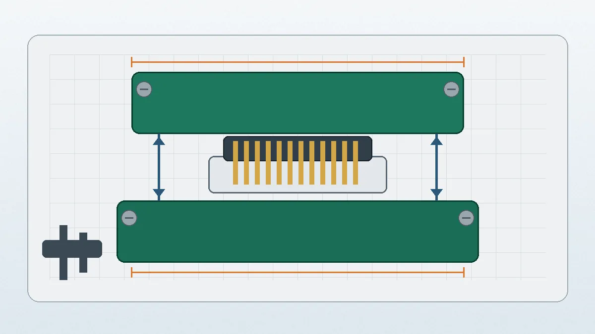 Exploded PCB stack-up review with two boards and a board-to-board connector