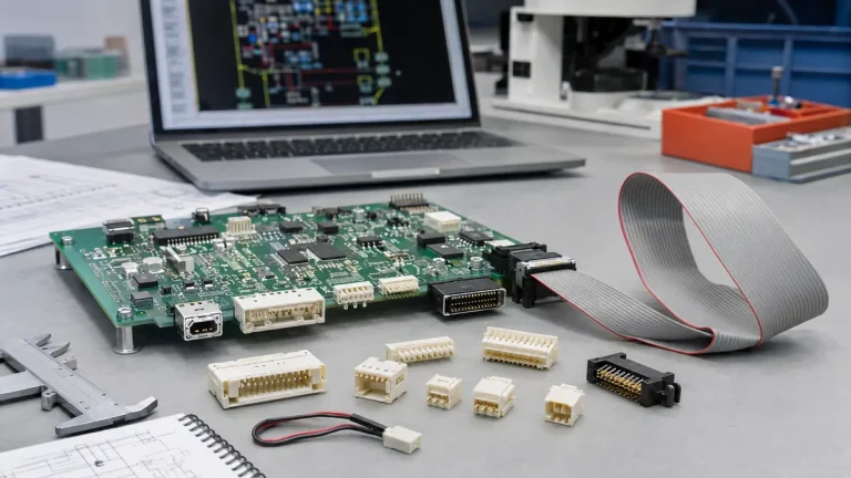 Internal I/O connector samples reviewed on a PCB assembly bench