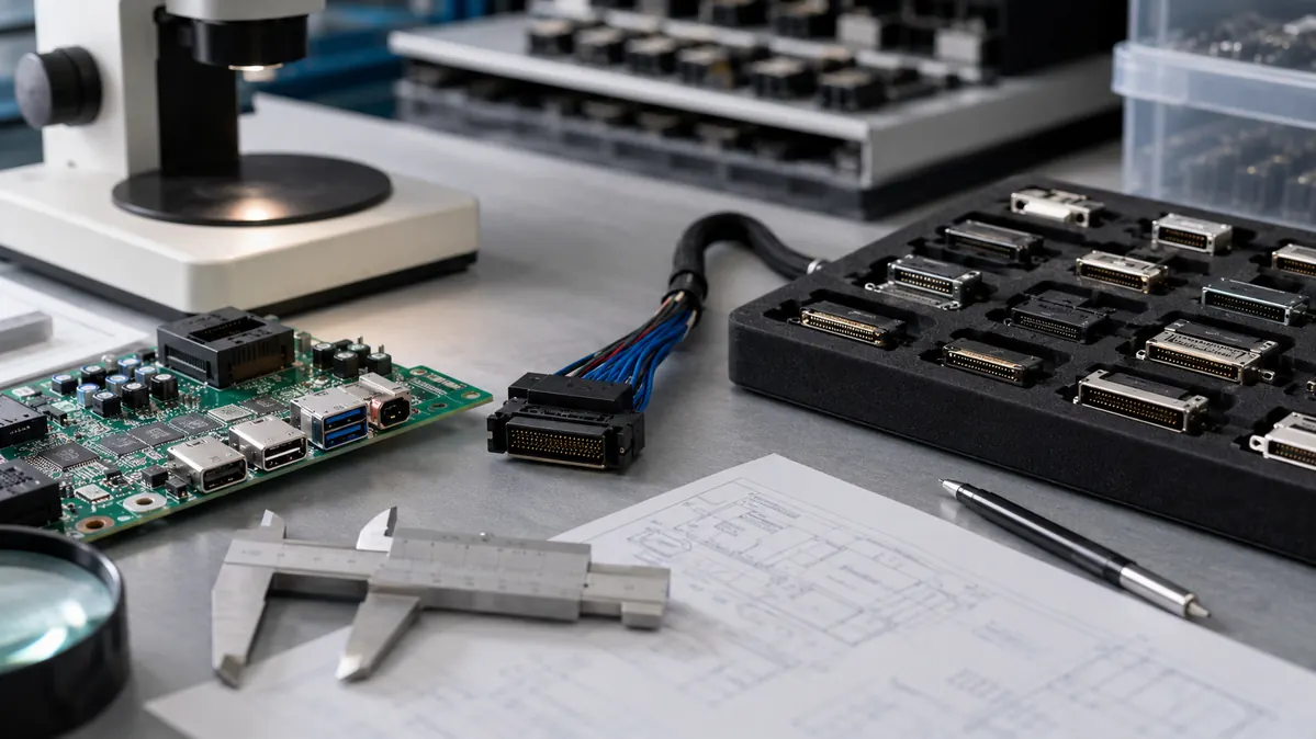 Connector validation review with PCB samples, drawings, calipers, and inspection equipment