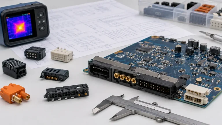PCB power and signal connector samples reviewed with drawings and inspection tools