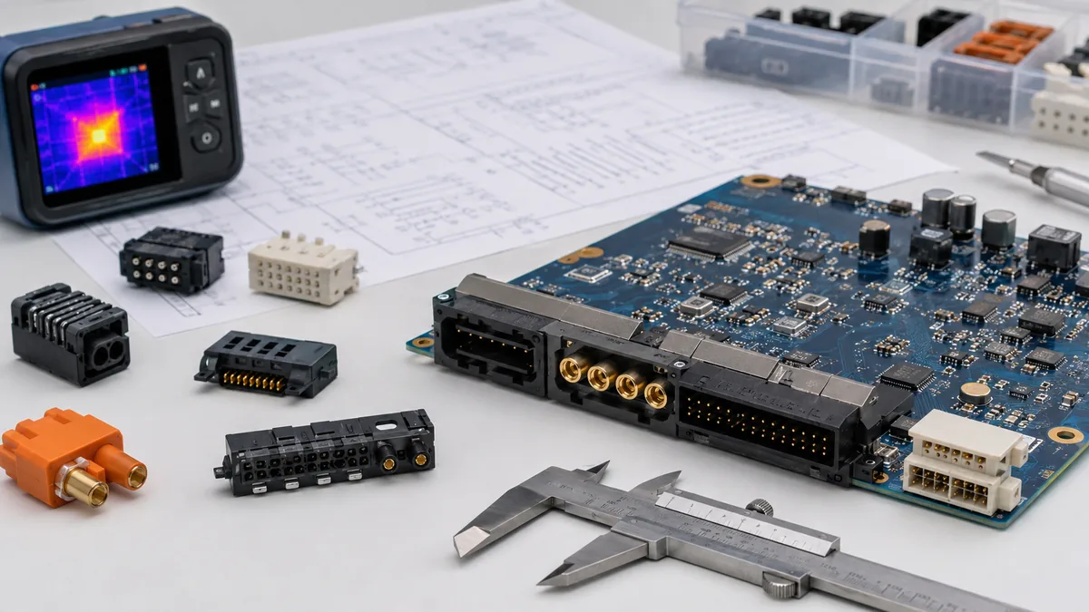 PCB power and signal connector samples reviewed with drawings and inspection tools