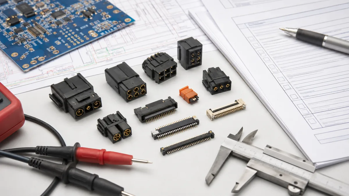 Power and signal connector samples arranged with PCB drawings and validation checklist