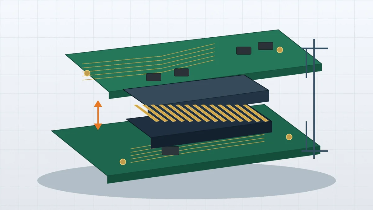 Board-to-board mezzanine connector positioned between two PCB assemblies during engineering review