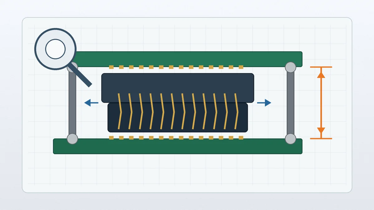 Side-view PCB stack diagram showing mating height and alignment checks for a mezzanine connector