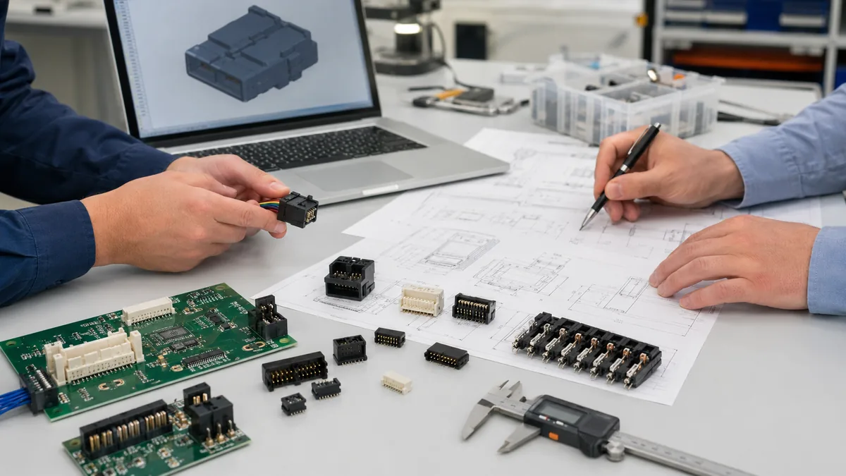 Engineers reviewing custom connector samples, PCB drawings, and CAD geometry during a design firm evaluation