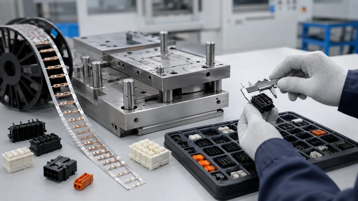 Connector housings, stamped contacts, tooling, and inspection tools used to review custom connector manufacturing capability