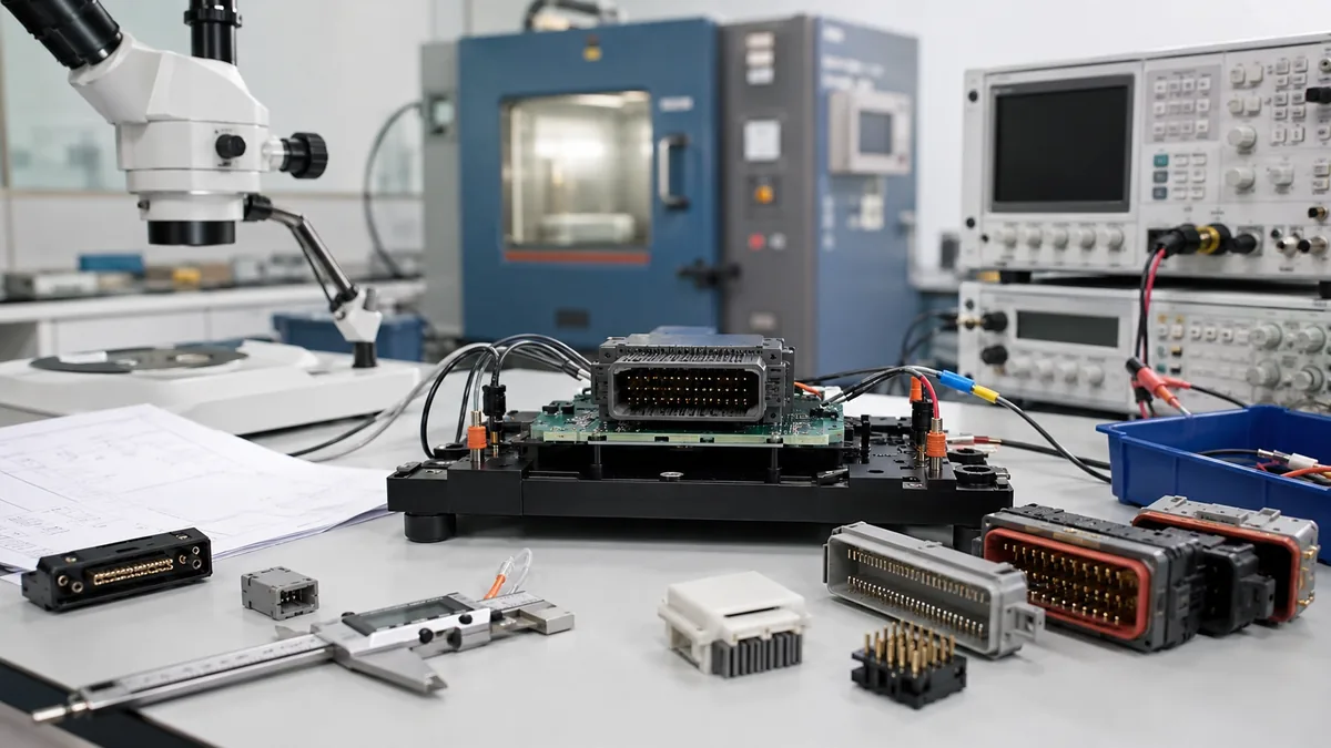 Custom connector sample on a lab test fixture with inspection tools and validation equipment