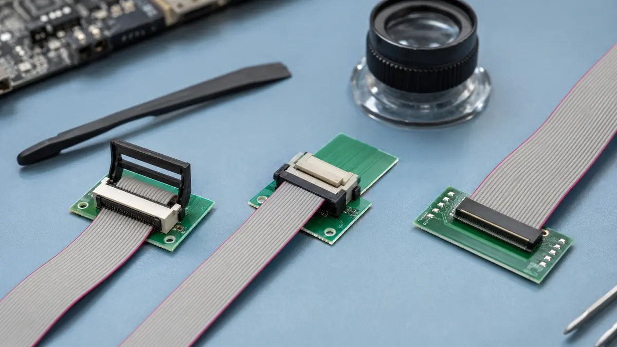 Different ribbon cable connector release mechanisms arranged on an electronics workbench