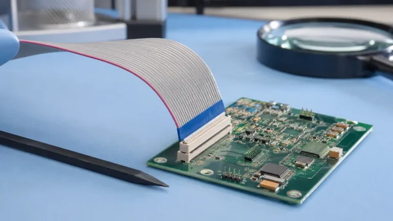 Ribbon cable assembly seated in a PCB connector on an ESD-safe engineering bench