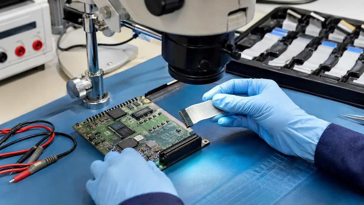 Quality inspection of a ribbon cable assembly and PCB connector under magnification