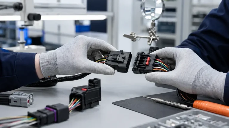 Technician safely disconnecting an industrial wire harness connector on an engineering bench