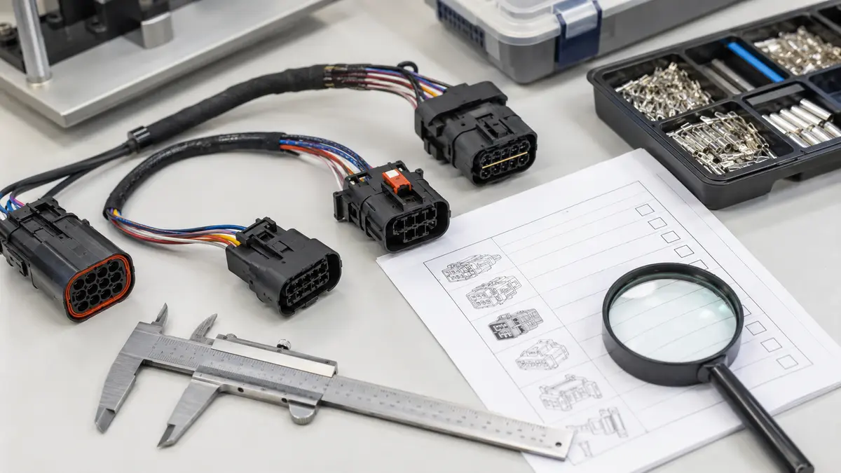Disconnected wire connector samples prepared for latch and terminal inspection