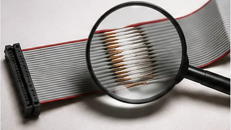 Damaged ribbon cable inspected with a magnifier before repair or replacement review