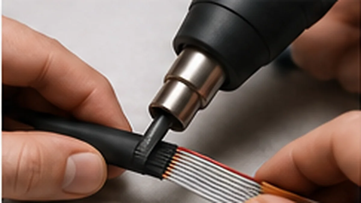 Technician examining a ribbon cable termination and strain relief area
