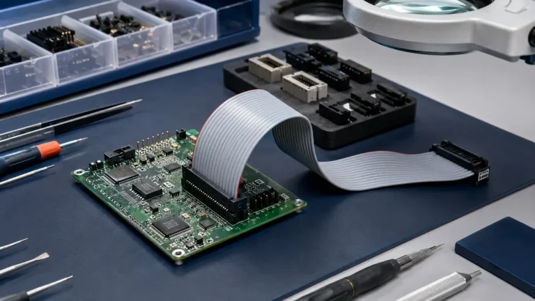 Ribbon cable connector installed on a PCB during an engineering replacement review
