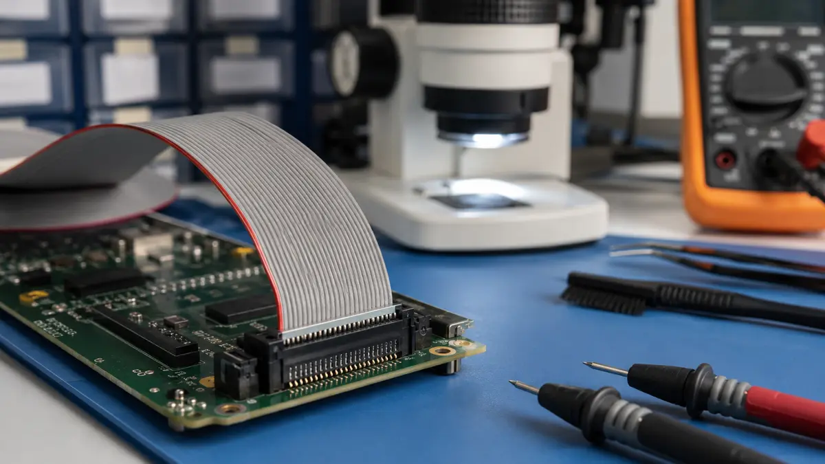 Ribbon cable connector continuity and alignment inspection on an electronics QA bench