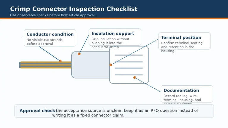 Crimp connector inspection checklist for terminal, wire, housing, and documentation review