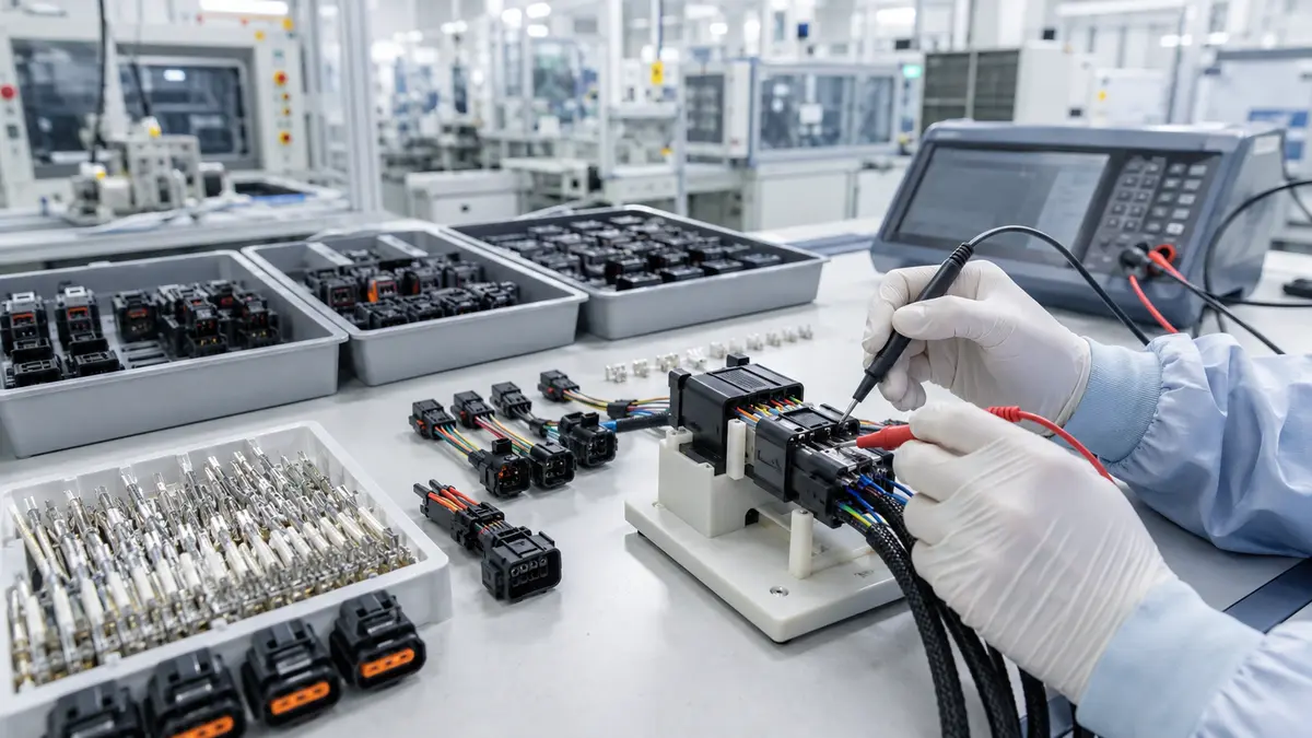 Automotive connector assemblies being checked with test probes in a factory quality area