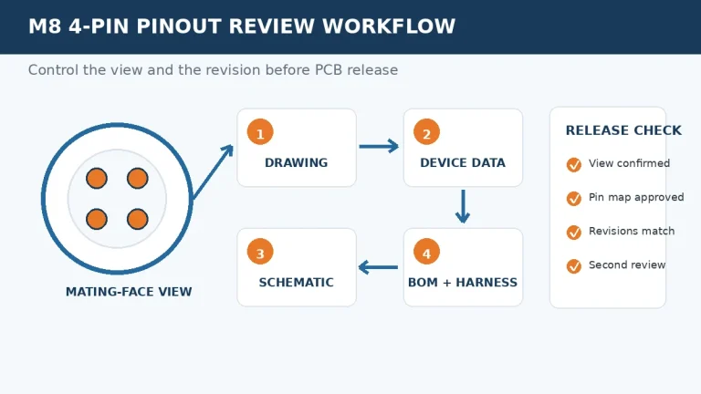 Engineering workflow for reviewing an M8 4-pin connector pinout before PCB release