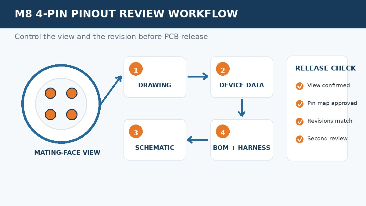 Engineering workflow for reviewing an M8 4-pin connector pinout before PCB release