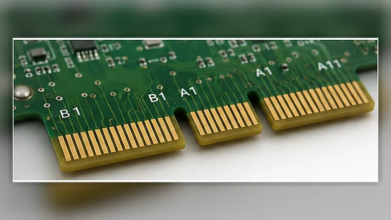 Close-up of a PCI Express card edge with keyed PCB fingers